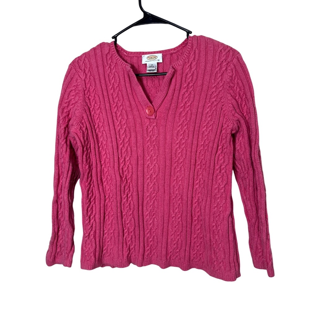 Vintage Talbots Woman Petites 1X Pink Cable Knit V-Neck Long Sleeve Sweater
